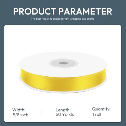 KMER LIFE 5/8" Wide x 50 Yards Yellow Single Faced Polyester Satin Ribbon, Yellow Satin Ribbon Perfect for Wedding Decor, Wreath, Crafts, Gift Wrapping & Other Projects (Yellow)