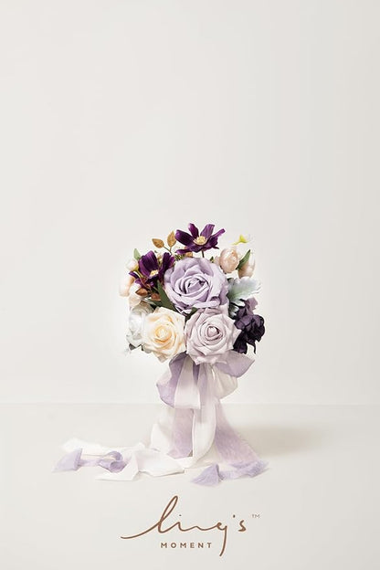 Ling's Moment Artificial Flowers Purple Bridesmaid Bouquet Set of 4, Lilac and Gold Wedding Flowers Bouquets for Bridesmaids, 7 Inch Bridal Bouquets for Bridesmaids, Wedding, Ceremony, Anniversary, et