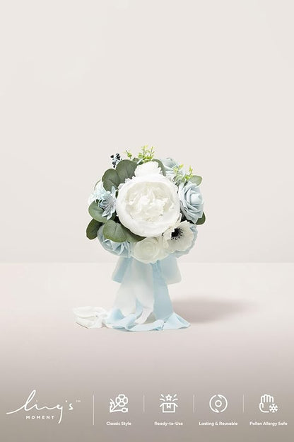 Ling's moment Wedding Artificial Flowers Package, Bridal Bouquet, Bridesmaid Bouquets, Boutonniere for Men, Rose Petals.Blue