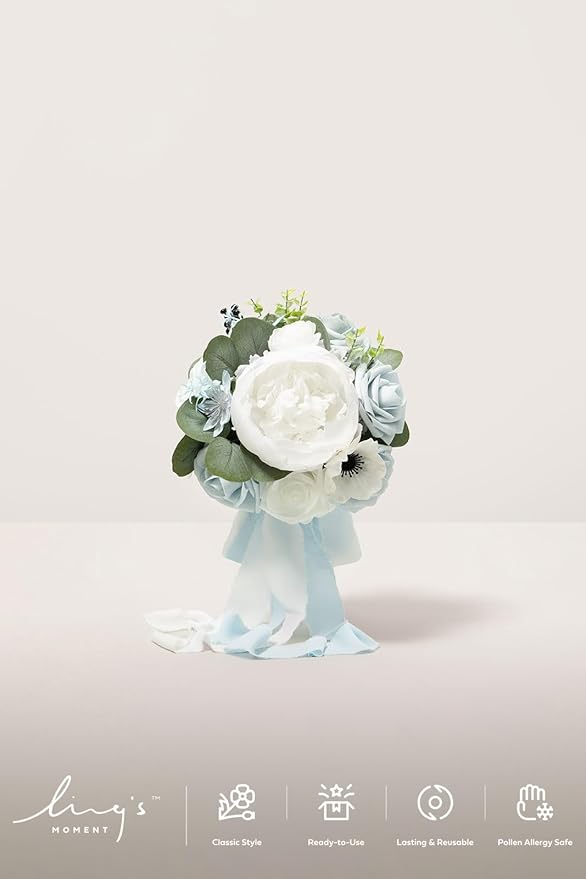 Ling's moment Artificial Flowers Dusty Blue Bridesmaid Bouquet Set of 4, Blue & White Wedding Flowers Bouquets for Bridesmaids, 7 Inch Bridal Bouquets for Bridesmaids