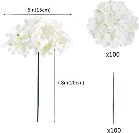 WEISPARK 100PCS Artificial Hydrangea Flowers, Fake Flowers Silk Hydrangea Full Flowers Heads with Stems for Wedding Home Party Shop Baby Shower Decor (Ivory)