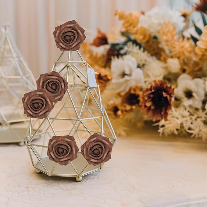 Artificial Flowers, 25pcs Artificial Rose for DIY Wedding Bouquets Centerpieces Arrangements, Brown Foam Roses with Stem for Bridal Shower Party Home Decorations