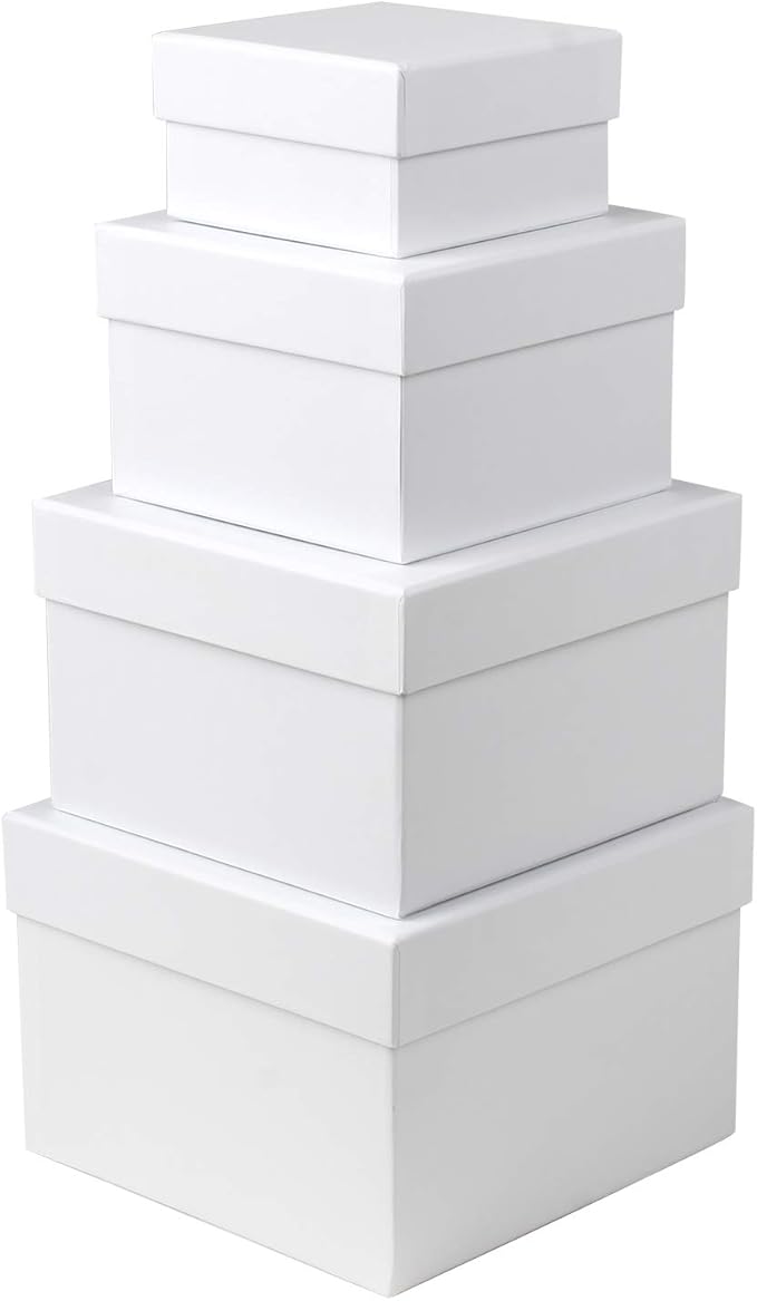 Briful Square Gift Boxes with Lids Set of 4 White Gift Box Assorted Sizes Nesting Gift Boxes for Presents Birthday Bridesmaid Wedding Valentines Christmas Party Favor Boxes