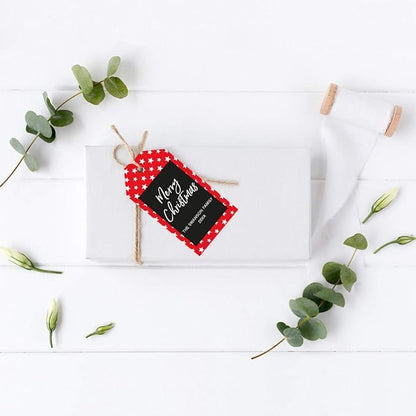Andaz Press Personalized Christmas Holiday Season Classic Gift Tags, Merry Christmas Custom Family Name and Year, Red with White Stars Design, for Holiday Events, Parties, and Favors, 60-Pack