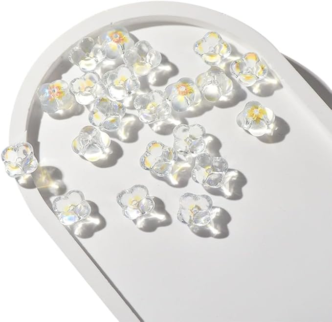 100PCS Glass Flower Beads for Jewelry Making 4 Petal Flower Bead Caps Gradient Cute Floral Beads Aesthetic Charms for Necklace Bracelets Earrings DIY Craft Home Decoration-AB White