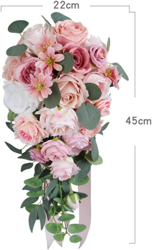 Wedding Bouquet for Bride, Bean Paste Pink Waterfall Bridal Bouquet for Bride Artificial Roses Flowers Cascading Bouquet for Wedding Ceremony Anniversary Party Bridal Shower Decoration