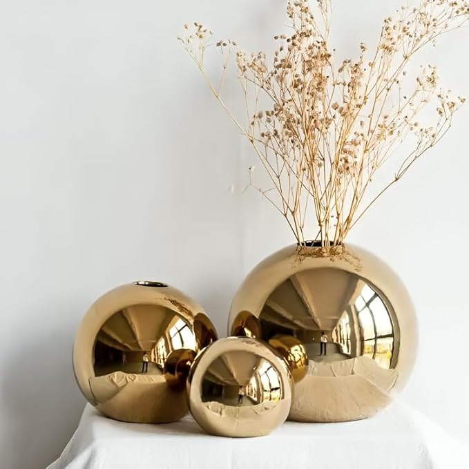 Ceramic Flower Vase for Home Decor – Round Ball Vase for Table, Shelf, Living Room Centrepiece | Modern Decorative Item for Home Office Decor (Gold) (Small)
