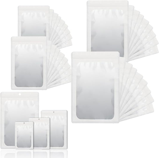 400 Pack 4 Size Bags with Clear Window,Scratch Resistant Hand Holographic Packaging Pouch,Resealable Bag for Small Bussiness Cookies Jewelry Candy Sample (White, 2.4×3.9,3x4.7,4×7,5.5×7.9 inch)