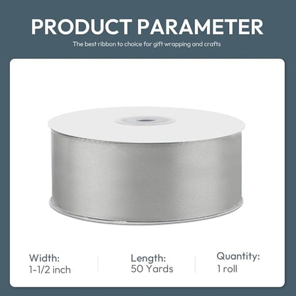 KMER LIFE 1-1/2" Wide x 50 Yards Silvery Single Faced Polyester Satin Ribbon, Silvery Satin Ribbon Perfect for Wedding Decor, Wreath, Crafts, Gift Wrapping & Other Projects (Silvery)