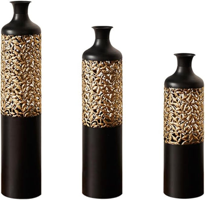 Floor Oversized Gold Metal Decorative Vase with 3D Triangle Pattern Set of 3 Large Vases for Home Living Room 33.5 ", 29.5 ", 25.2" High (Black)