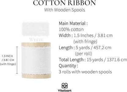 Vitalizart White Ribbon 1-1/2" x 15 Yd 100% Cotton Handmade Frayed Fringe Fabric Ribbons for Gift Wrapping Wedding Invites Bridal Shower Bouquets Christmas Decorations