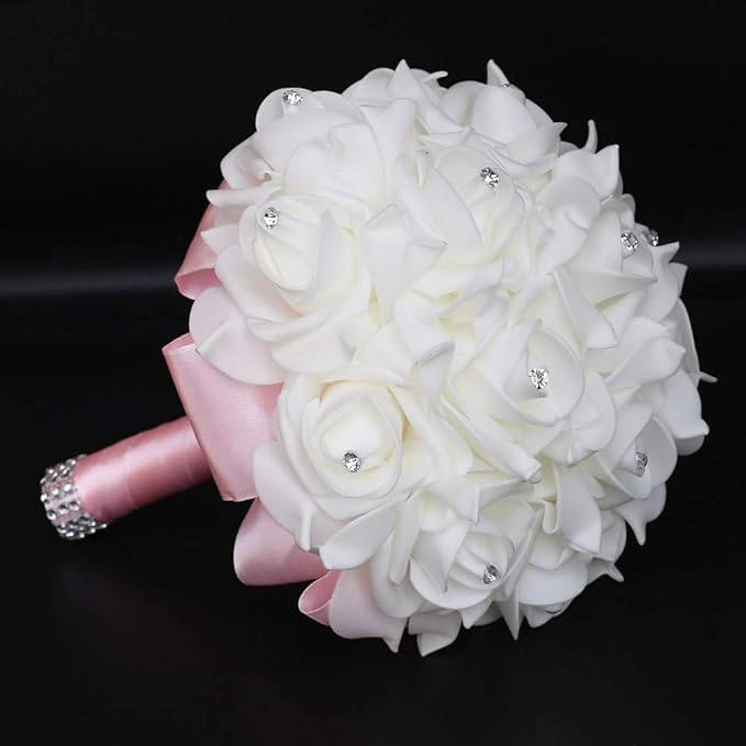 Wedding Bouquet, Pink Bouquet for Bride Bridesmaid with Diamond Soft Ribbons, Artificial Rose Bridal Holding Flowers for Party Church