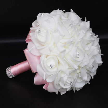 Wedding Bouquet, Pink Bouquet for Bride Bridesmaid with Diamond Soft Ribbons, Artificial Rose Bridal Holding Flowers for Party Church