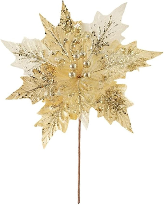 Artificial Flannel Sequin Christmas Flower Ornament, 30x35cm Glitter Holiday Tree Decoration for Wreaths Garlands and Party Arrangements Champagne
