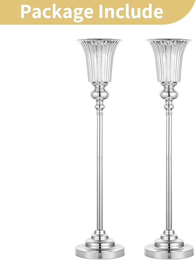 NUPTIO Flower Vase Centerpiece Wedding: 2 Pcs 26.7" Tall Silver Stand Metal Trumpet Vases for Wedding Party Table Decoartions