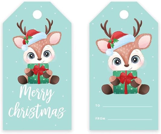 Andaz Press Christmas Holiday Season Classic Gift Tags, Merry Christmas to from Classic Favor Tags, Baby Reindeer with Santa Hat Design, for Holiday Events, Parties, and Favors, 60-Pack
