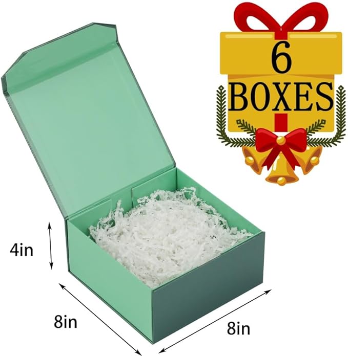 6 Pcs Small Green Gift Box 8x8x4 Inch Magnetic Gift Box Small Magnetic Box with Crinkle Paper Green Small Gift Box with Shredded Paper Luxury Gift Boxes with Lids for Presents
