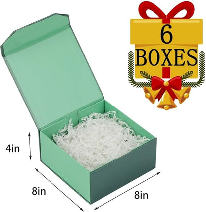 6 Pcs Small Green Gift Box 8x8x4 Inch Magnetic Gift Box Small Magnetic Box with Crinkle Paper Green Small Gift Box with Shredded Paper Luxury Gift Boxes with Lids for Presents