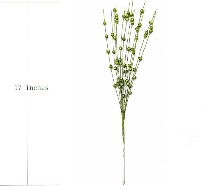 Artificial Glitter Berry Stem Ornaments, Fake Christmas Picks Decorative 17 inches Glitter Bead Sticks for Christmas Tree DIY Wreath Crafts Vase Gift Fireplace Holiday Home Decor - Green 10 Pack