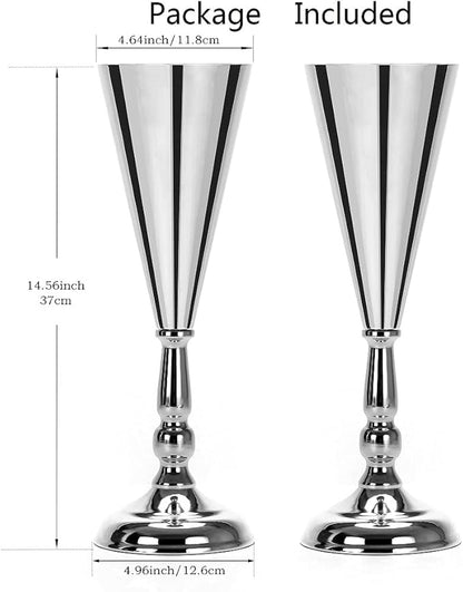 2 Pcs Metal Wedding Flower Trumpet Vase Table Decorative, Wedding Decorations for Reception, Home Decor, Large Party Event Decoration Silver