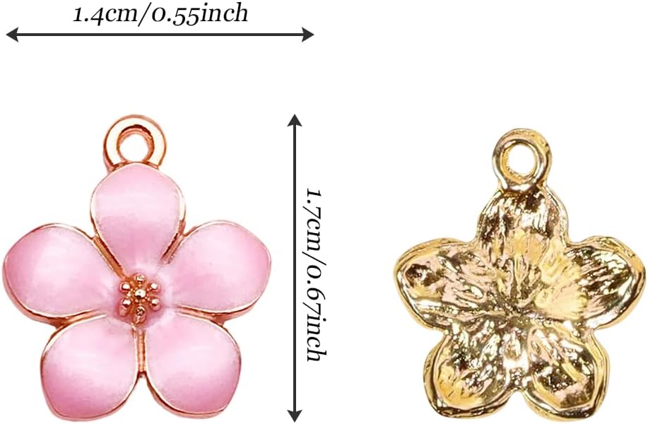 30 pcs Gold Plated Enamel Cherry Blossoms Flower Charms Pendan Cute Small Flower Pendants for Jewelry Making Kit Bracelet Necklace Earrings Keychain DIY Crafts Crafting