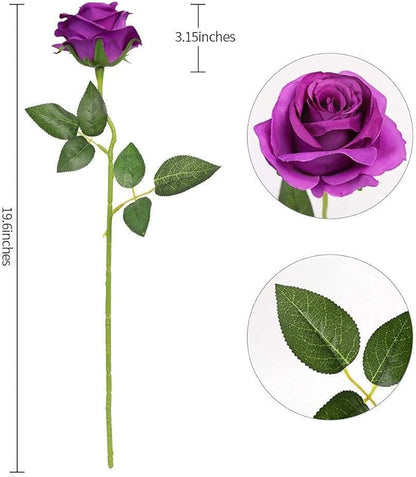 Kisflower 12Pcs Roses Artificial Flowers Purple Flowers Realistic Single Stem Flowers Silk Rose Bouquet for Wedding Party Office Home Decor (Purple)