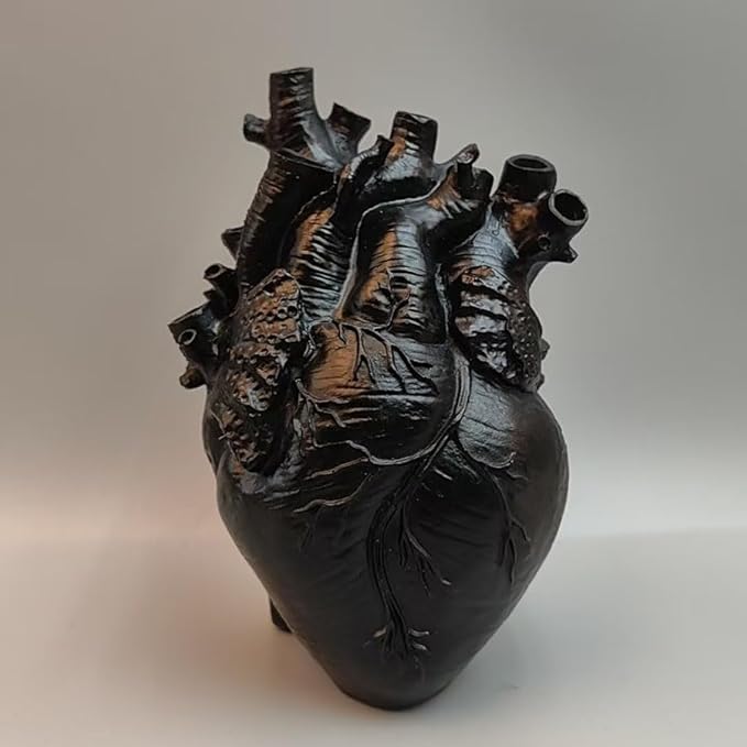 Heart Vase, Gothic Anatomical Resin Flower Pot Desktop, Human Heart Organ Shape for Dried Flower Arrangement on The Dining Table、Desktop Living Room Decoration (Black)