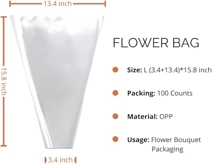 BBJ WRAPS Flower Sleeves for Bouquets Clear Rose Flower Bouquet Packaging Bags Floral Arrangement Supplies, 100 Counts (L)