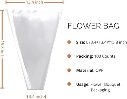 BBJ WRAPS Flower Sleeves for Bouquets Clear Rose Flower Bouquet Packaging Bags Floral Arrangement Supplies, 100 Counts (L)