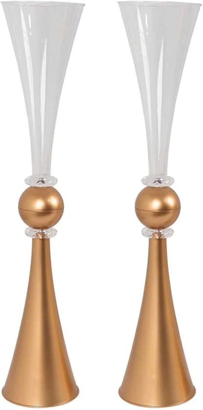 Efavormart 2 Pack Clear Gold Crystal Embellishment Trumpet Table Centerpiece, Reversible Plastic Flower Vase - 27"