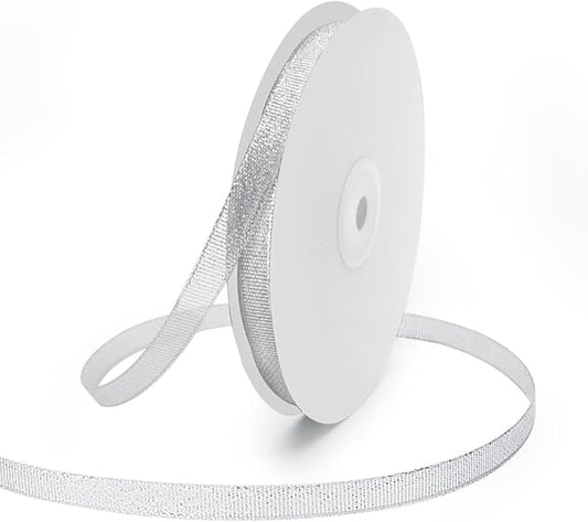 KMER LIFE 3/8 inch x 50 Yards Glitter Silvery Ribbon, Sparkly Metallic Fabric Ribbons, Perfect for Gifts Wrapping, Sewing, Decoration for Christmas, Valentines Day