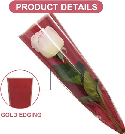 BEISHIDA 50 PCS Single Rose Sleeve Plastic Flower Wrapping Bags Cellophane Flower Sleeves for Florist Bouquet Supplies Mother's Day Valentine's Day (Red and Champagne)