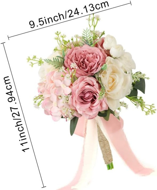 Set of 4 Bridesmaid Bouquets for Wedding, 9 Inch Boho Bridesmaid Flowers for Ceremony Anniversary Centerpieces Decorations, Artificial Rose Bouquets - Pink & White