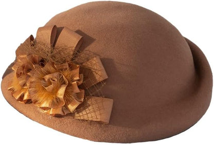 ORIDOOR Women Vintage 100% Wool Felt Flowers Bucket Cloche Bowler Hat Church Wedding Beret Hat