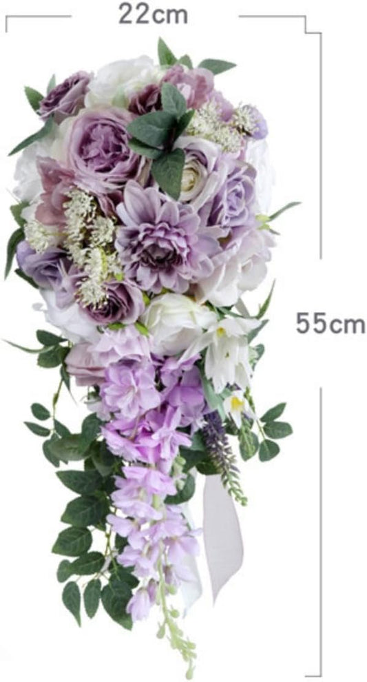Bridal Bouquets for Wedding, Cascading Bouquets for Bride Lilac Purple Rose Artificial Bridal Bouquet for Wedding Anniversary Ceremony Bridal Shower Party Church Decoration
