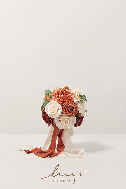 Ling's moment Wedding Artificial Flowers Package, Bridal Bouquet, Bridesmaid Bouquets, Boutonniere for Men, Rose Petals.Terracotta Orange