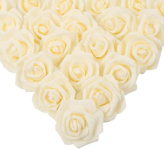 IPOPU Artificial Rose Flower Heads, 100 Pcs Real Looking Creamy Yellow Foam Fake Roses for DIY Wedding Baby Shower Centerpieces Arrangements Party Tables Home Decorations (Cream Yellow, Stemless)