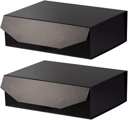 2 Black Large Collapsible Gift Box with Lid 13x9x4 Inches, Bridesmaid Proposal Box, Hard Box with Magnetic Closure, Groomsman Box Reusable Gift Box for Clothes (Glossy Black)