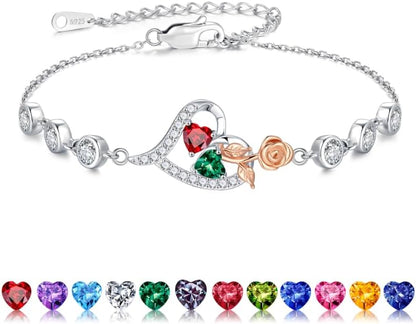 Iefil Christmas Gifts for Women - Birthstone Bracelet for Women, 925 Sterling Silver Rose Heart Charm Bracelets, Anniversary Birthday Gifts for Women Wife Mom Daughter, 6"+2"
