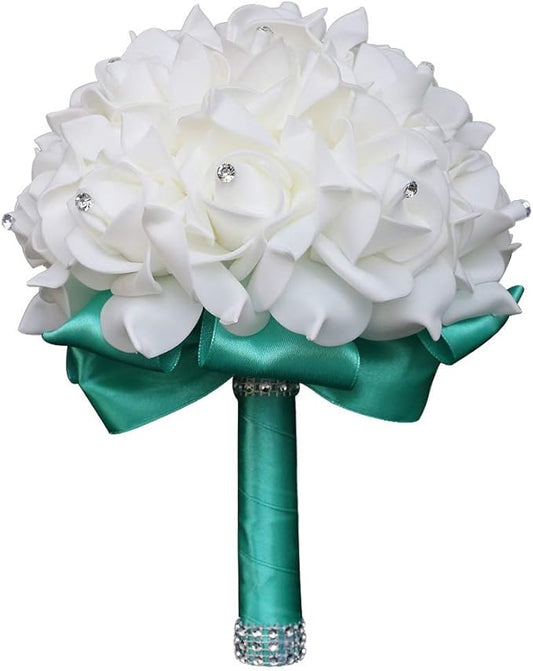 Wedding Bouquet, Green Bouquet for Bride Bridesmaid with Diamond Soft Ribbons, Artificial Rose Bridal Holding Flowers for Party Church
