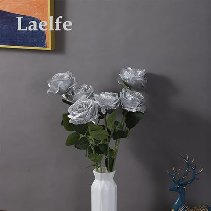 12 PCS Artificial Flowers Silver Roses, Silk Flowers Fake Long Stem Artificial Roses for Home Wedding Bathroom Kitchen Decorations (Silver)
