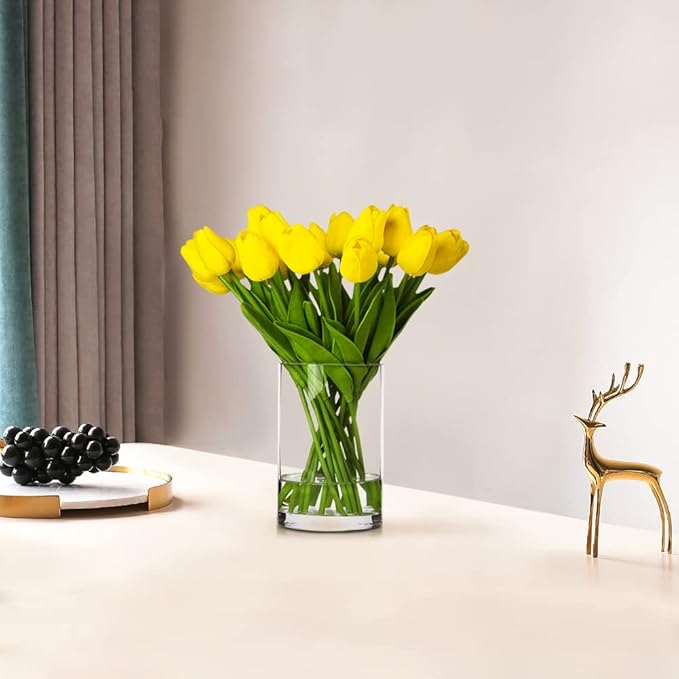 ENOVA FLORAL 20 Pieces Yellow Real Touch Tulips Artificial Flowers in Vase, Fake Tulips Arrangements with Vase and Faux Water for Home Wedding Decoration, Dining Table (Yellow)