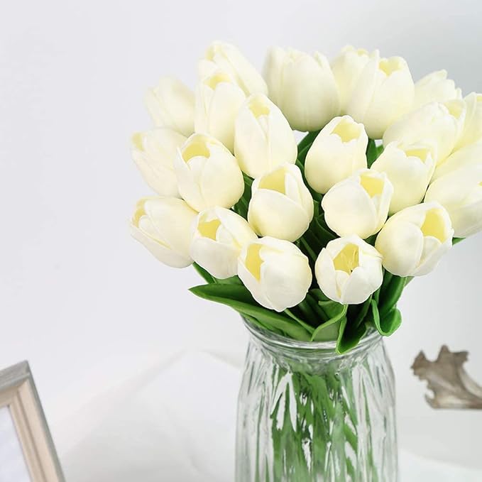 IPOPU Real Touch Tulips 24PCS Artificial Tulips Flowers for Decoration Cream Fake Tulips Floral Arrangements Artificial Faux Tulips Decor for Table Home Decor Baby Shower Centerpieces (Off White)