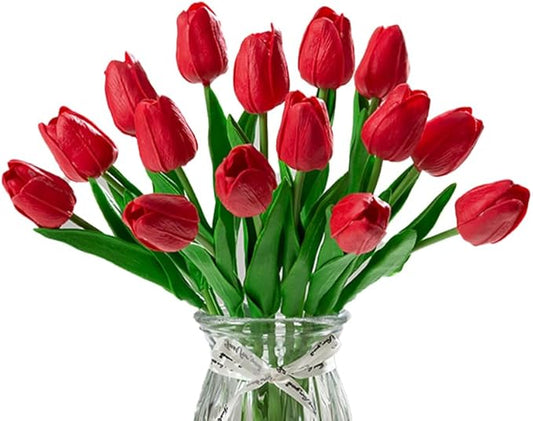 20pcs red Faux Tulips Flowers Fake Flowers Bouquets 13.5" Mother's Day Easter Valentine’S Day Gifts in Home Kitchen Wedding Dining Table Decorations Aesthetic No Odor