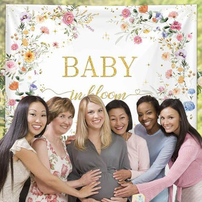 MEHOFOND 7x5ft Wildflower Baby in Bloom Baby Shower Backdrop Decorations, Wildflower Baby Shower Background, Spring Floral Banner Gold Glitter Photography Background Photo Prop 8x6ft