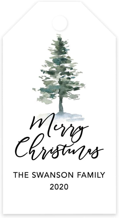 Andaz Press Personalized Christmas Holiday Season Classic Gift Tags, Merry Christmas Custom Family Name and Year, Watercolor Christmas Tree with Snow Design, Holiday Events, Parties, Favors, 60-Pack