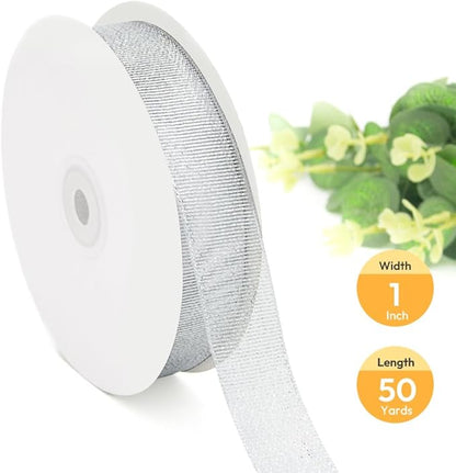 KMER LIFE 1 inch x 50 Yards Glitter Silvery Ribbon, Sparkly Metallic Fabric Ribbons for Gifts Wrapping, Sewing, Party Decoration and DIY Crafts