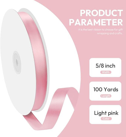 5/8" x 100 Yards Single Face Polyester Satin Ribbon - Light Pink Silk Ribbon with Spool - Ideal for Gift Wrapping, Floral Bouquets, Crafts, Wedding Party Decorations, Christmas and Sewing Projects