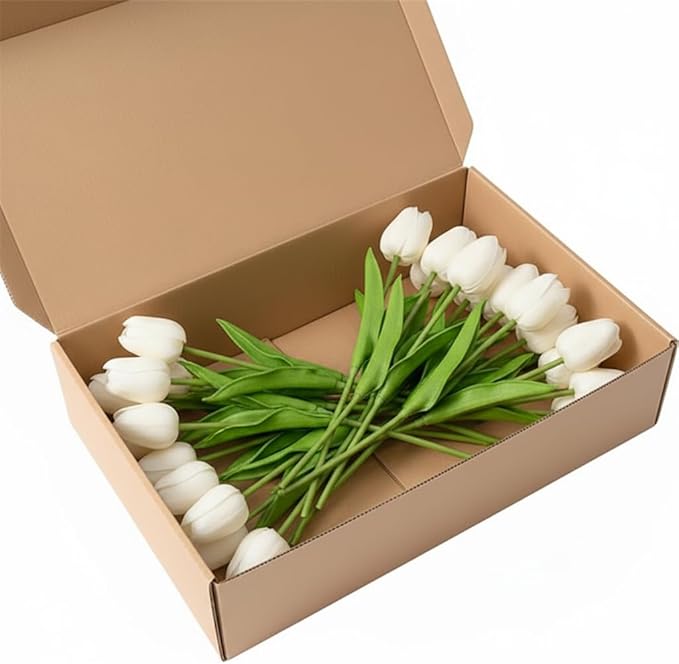 White Faux Tulips (20 Pcs) - Premium PU Artificial Flowers for Christmas & Thanksgiving Table Setting, Winter DIY Home Decor - 13.5" Real Touch