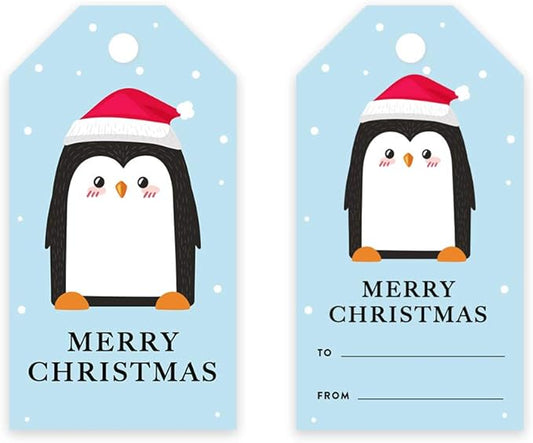 Andaz Press Christmas Holiday Season Classic Gift Tags, Merry Christmas to from Classic Favor Tags, Penguin with Santa Hat Design, for Holiday Events, Parties, and Favors, 60-Pack